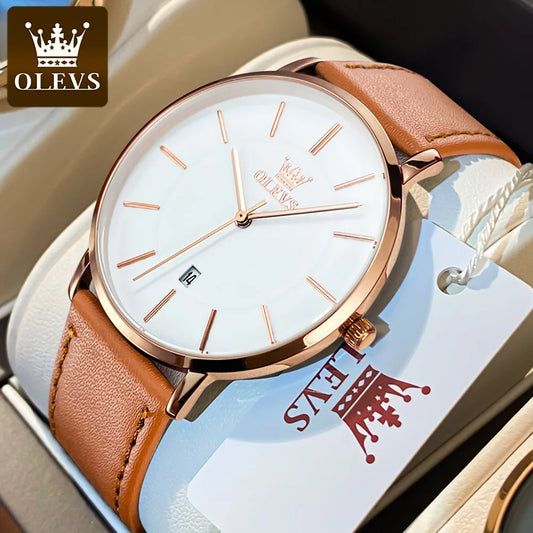 OLEVS 5869 Ultra Thin 6.5mm Quartz Watch for Men Fashion Leather Strap Simple Luxury Auto Date Clock Waterproof Men's Wristwatch