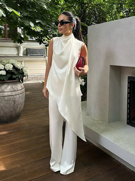Elegant White Satin Vest Pants Suit Women Chic Sleeveless Irregular Hem Top Wide Leg Pants Set Fashion Female High Street Wear