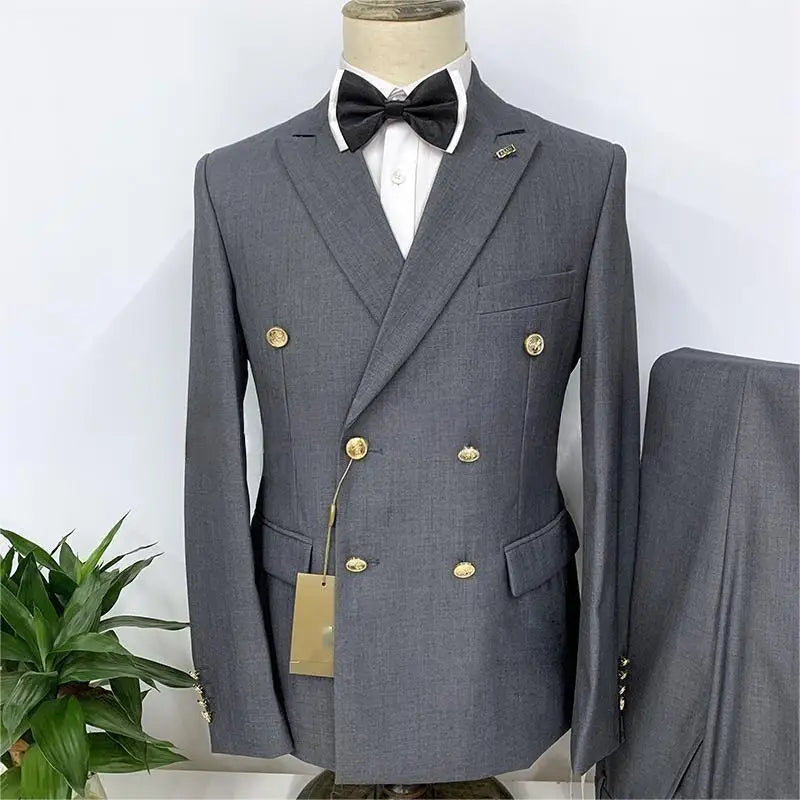 2024 Formal Business 2 Pieces Mens Suit Brown Tuxedos Double-breasted  Metal Jacket for Wedding Groom(Blazer+Pants)