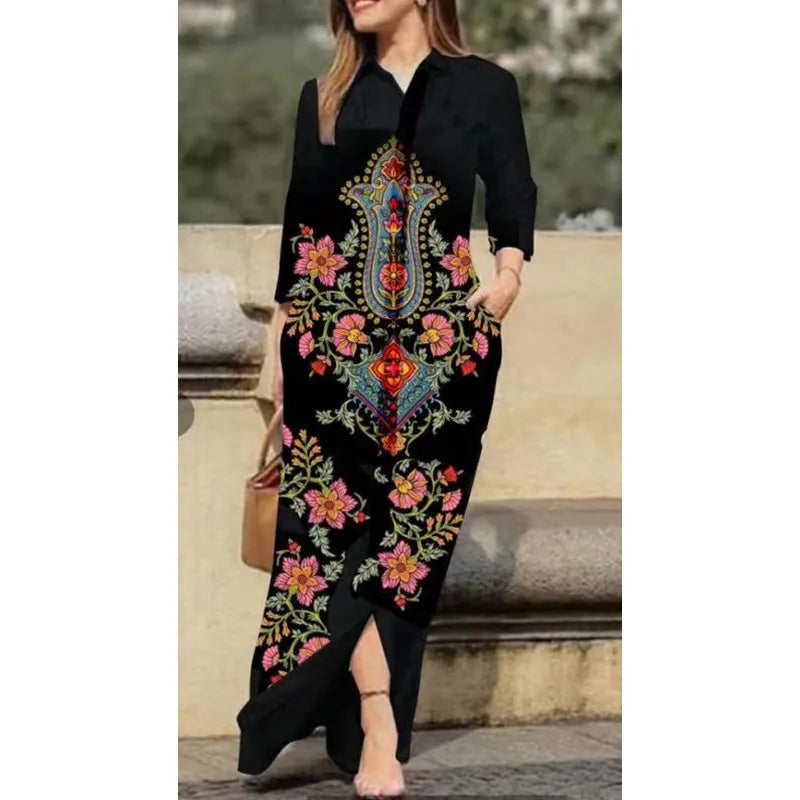 Spring Womens Long Shirt Dress Summer Single Breasted Button Lapel Long Sleeve Dress 2023 New Image Print Loose Dresses Robe