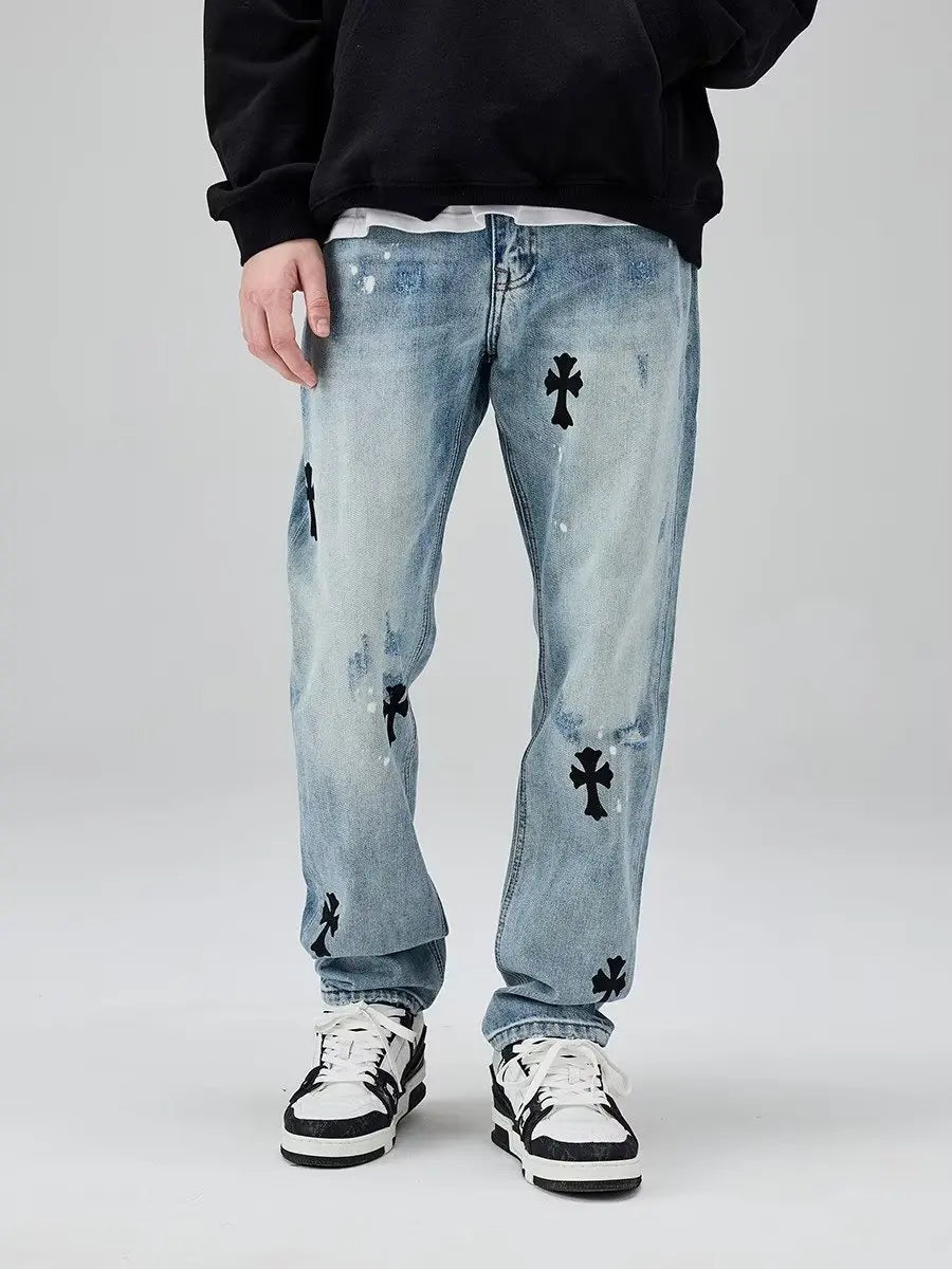 European and American high street cross horn jeans men's hip-hop casual retro trend brand straight tube loose long pants trend