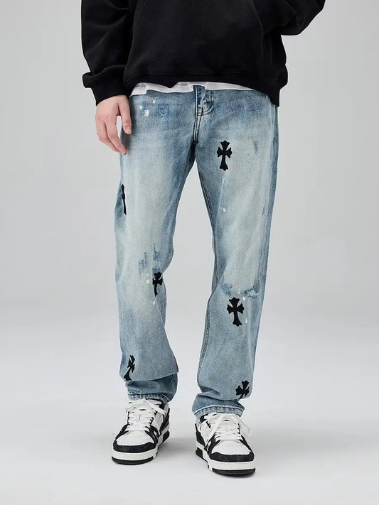 European and American high street cross horn jeans men's hip-hop casual retro trend brand straight tube loose long pants trend