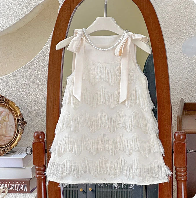 Girls Casual Dresses Fringe Bow Princess Dress Sleeveless Halter Dress for Kids White Princess Dress for Girls 2 To 7 Years