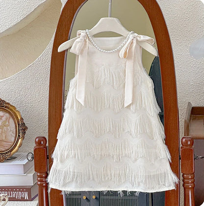 Girls Casual Dresses Fringe Bow Princess Dress Sleeveless Halter Dress for Kids White Princess Dress for Girls 2 To 7 Years