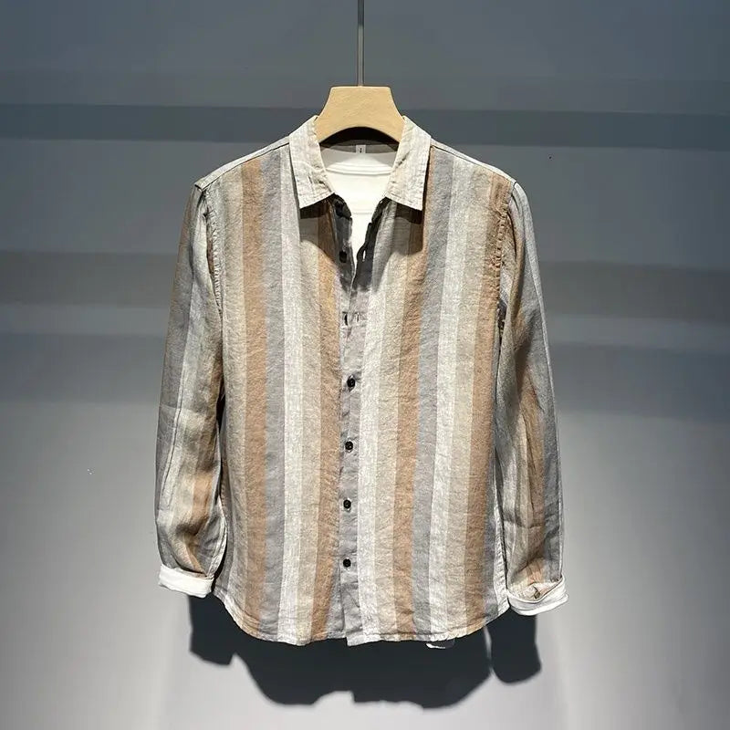 Autumn Striped Contrast Color Long Sleeve Shirt Men Breathable Loose Casual Retro Linen Shirt