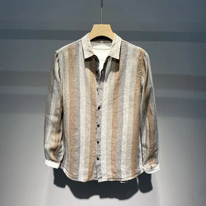 Autumn Striped Contrast Color Long Sleeve Shirt Men Breathable Loose Casual Retro Linen Shirt