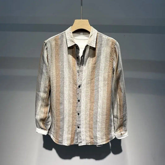 Autumn Striped Contrast Color Long Sleeve Shirt Men Breathable Loose Casual Retro Linen Shirt