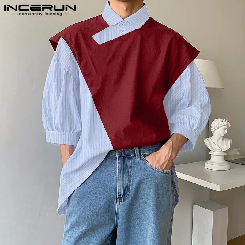 Summer Spring Men Shirts Fashion Patchwork INCERUN Striped Shirt Men's Clothing Streetwear Lapel Tops Oversize S-5XL