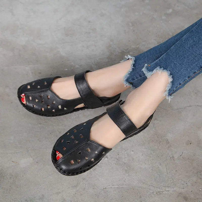 Plus Size 35-42 Mary Janes Shoes for Women 2023 Summer Hollow Out Closed Toe Sandal Slides Female Hook & Loop Leather Moccasins
