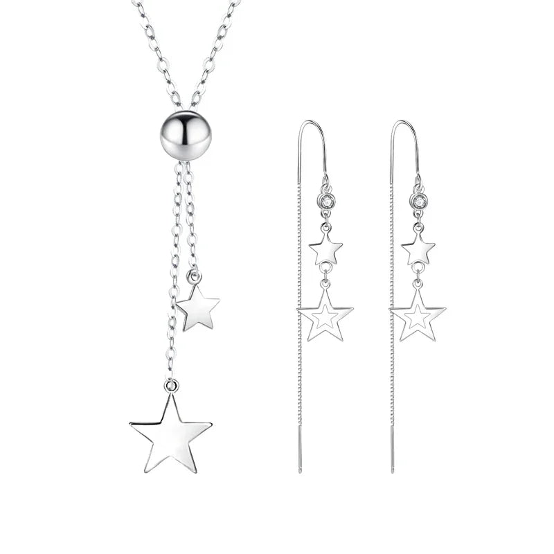 Real 925 Sterling Silver Star Pendant Necklace Crystal Long Chain Drop Earrings Jewelry Sets For Women Trendy FQL23064