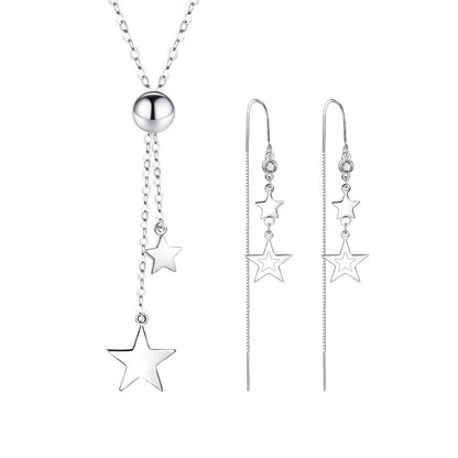 Real 925 Sterling Silver Star Pendant Necklace Crystal Long Chain Drop Earrings Jewelry Sets For Women Trendy FQL23064