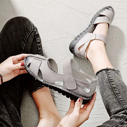 Plus Size 35-42 Mary Janes Shoes for Women 2023 Summer Hollow Out Closed Toe Sandal Slides Female Hook & Loop Leather Moccasins
