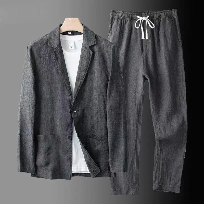Spring Summer Men Suit Fashion Men Cotton Linen Two-piece Set Blazer Jacket + Pants Casual Business Thin Clothing Breathable