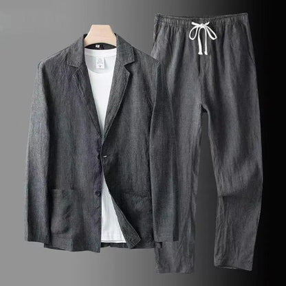 Spring Summer Men Suit Fashion Men Cotton Linen Two-piece Set Blazer Jacket + Pants Casual Business Thin Clothing Breathable