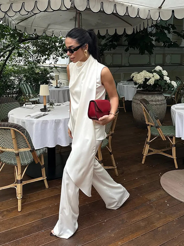 Elegant White Satin Vest Pants Suit Women Chic Sleeveless Irregular Hem Top Wide Leg Pants Set Fashion Female High Street Wear