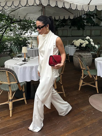 Elegant White Satin Vest Pants Suit Women Chic Sleeveless Irregular Hem Top Wide Leg Pants Set Fashion Female High Street Wear