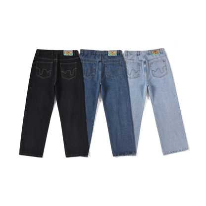 High Quality American Trendy Brand Jeans Icecream Running Dog Emboridery Wide Jeans Fashion Streetwear Denim Jeans Men