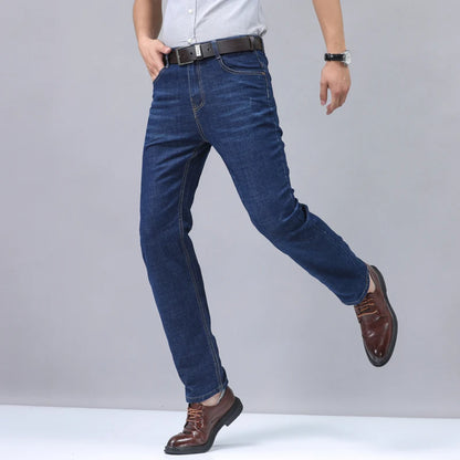 Men's new business casual jeans, comfortable, slightly elastic, mid high waist, classic blue jeans