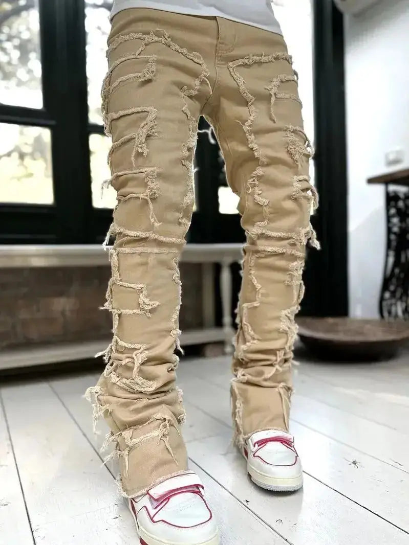 Man Stacked Jeans Elastic Waist Straight Fit Patchworks Denim Long Pants Fringe Ripped Jeans For Men