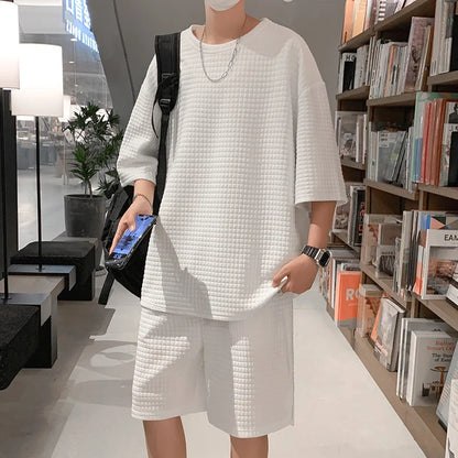 Ice Silk ort Sve Sportswear Set for Men Summer Casual Leisure Five-Quarter Pants Teenage Brand T-irt ort Pants Set