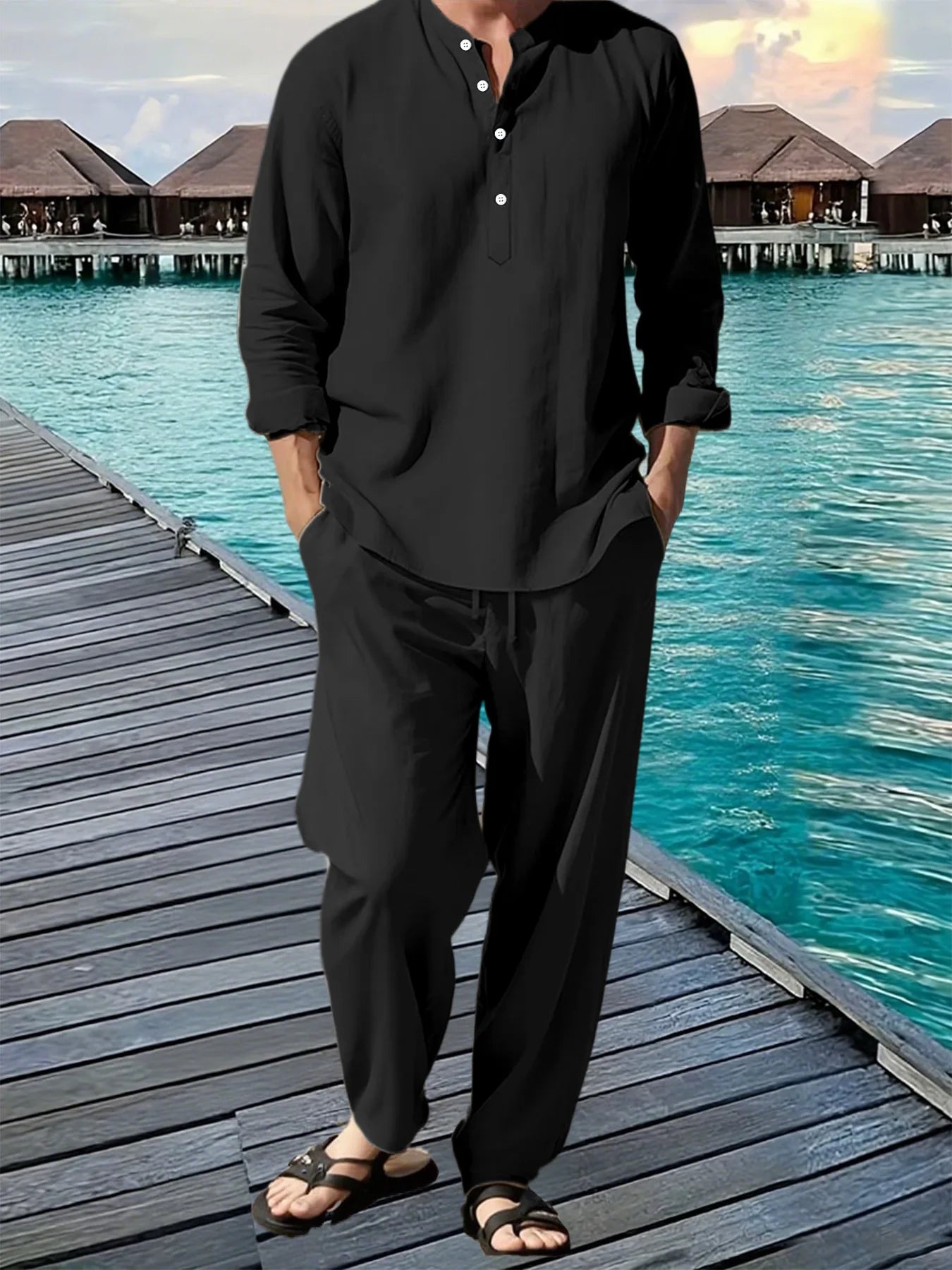 Men's Shirt Pants Suit Summer Breathable Beach Hawaiian Vacation Casual Long Sleeves Set Solid Color Loose Jogging Trousers