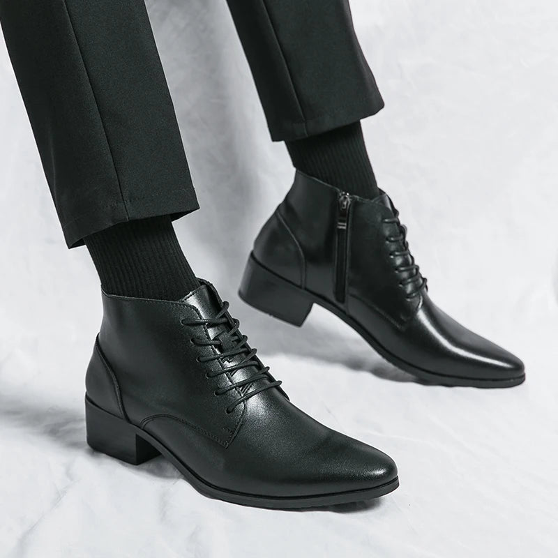 Men Leather Ankle Boots Round Toe Lace-up Fashion Business Boots