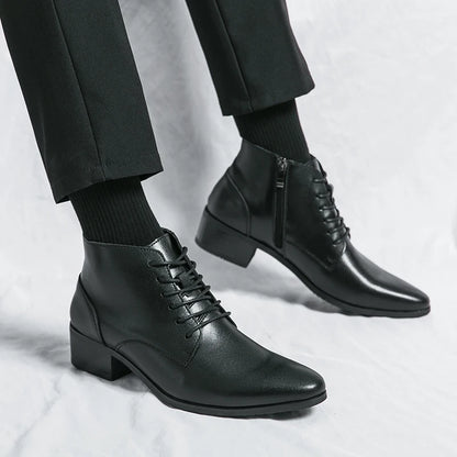 Men Leather Ankle Boots Round Toe Lace-up Fashion Business Boots