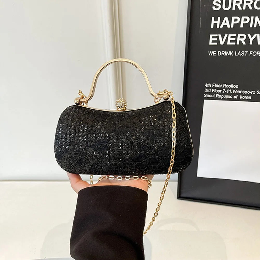 Elegant Luxury Evening Banquet Bag Shiny Flower Ladies Clutch Bag Rhinestone Metal Top Handle Chain Crossbody Bag Party