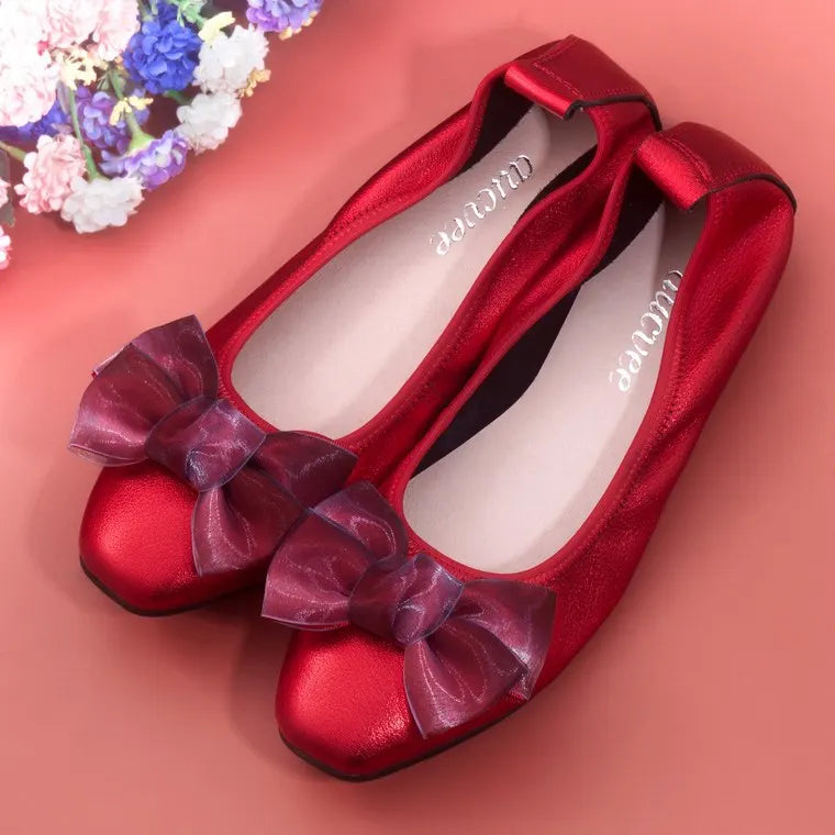 2024 Summer Genuine Leather Bowknot Ballerina Women's Flat Round Toe Comfort Slip-On Ladies Loafers Leather Single Mules Shoes