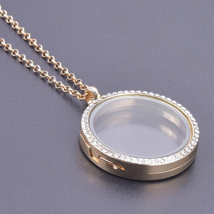 Glass Metal Gold Color Heart Round Water Drop Relicario Photo Locket Necklace Rhinestone Floating Charm O-shaped Chains Necklace