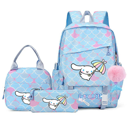 3Pcs Cinnamoroll Fish Scale Kid Backpack With Mermaid Pendant Lunch Girl School Bag Children Schoolbag For Teenage Girls