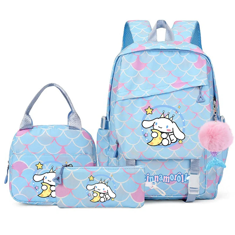 3Pcs Cinnamoroll Fish Scale Kid Backpack With Mermaid Pendant Lunch Girl School Bag Children Schoolbag For Teenage Girls