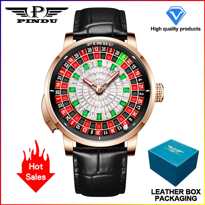 PINDU NEW Rotating dial design Mechanical Watch Men Japan NH35 Movement Sapphire Waterproof leather luxurious Automatic watch