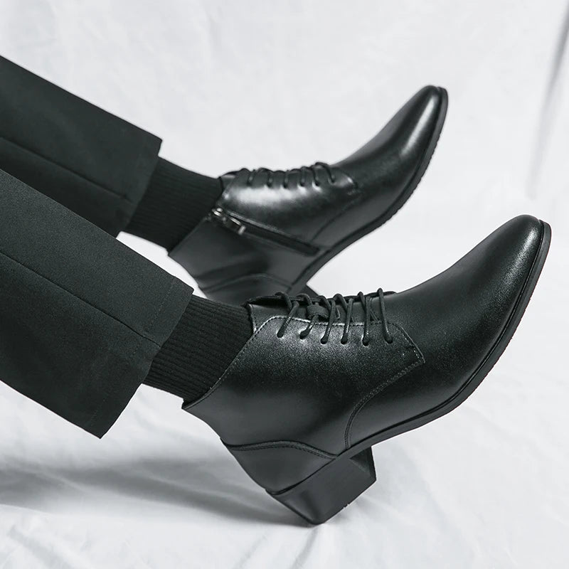 Men Leather Ankle Boots Round Toe Lace-up Fashion Business Boots