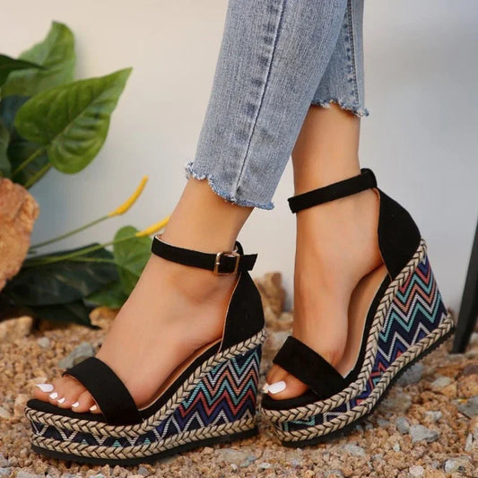 Summer New European and American Fashion Simple Ethnic Style Slope Heel Sandals with One Button High Heel Women's Shoes 2025