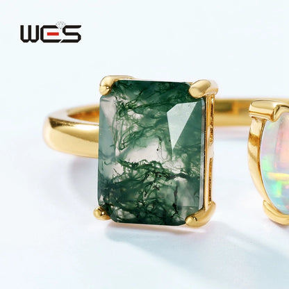 WES 925 Sterling Silver Geometric Natural Moss Agate Adjustable Rings for Women Gemstone Opal Gold Plated Certified Jewelry Band