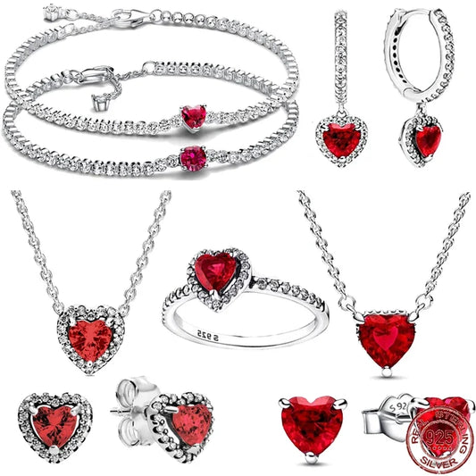 Hot selling 925 sterling silver sparkling red heart series set, light luxury jewelry set, DIY charming jewelry, birthday gift
