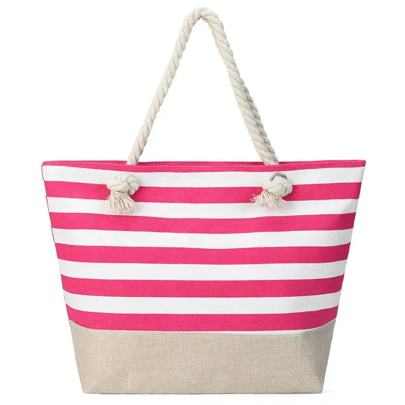 Striped Zipper Outer Bag For Outdoor Travel Vacation Waterproof Canvas Shoulder Bag Convenient Folding Beach Bag Shopping Totes