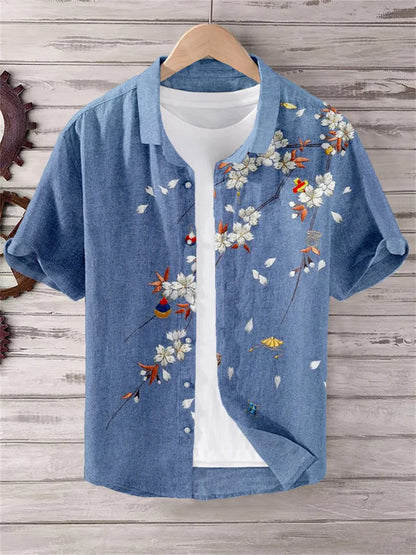 Hawaiian Shirt with Bamboo Joint, Plum Blossom, Sunrise Print, Japanese Art Linen, Leisure Holiday,  Cardigan, Flip Collar, New