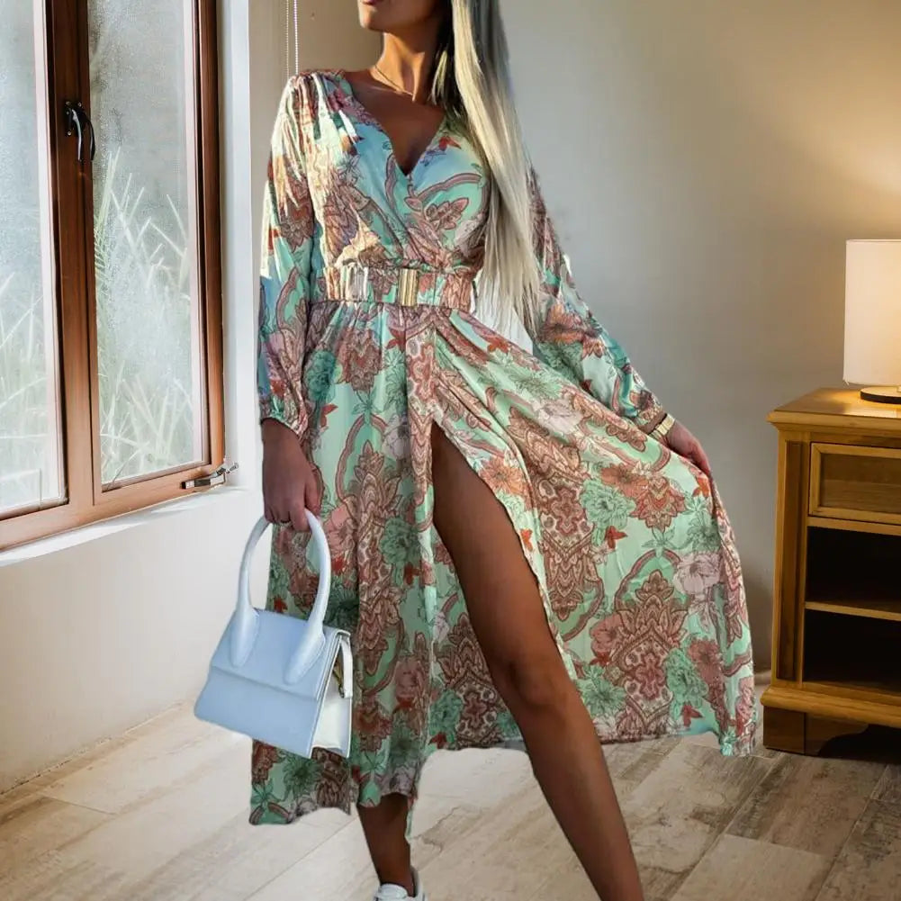 Stylish Women Casual Dress Breathable Women Beach Dress Slim Waist Ethnic Bohemia Print Long Dress  Womenswear