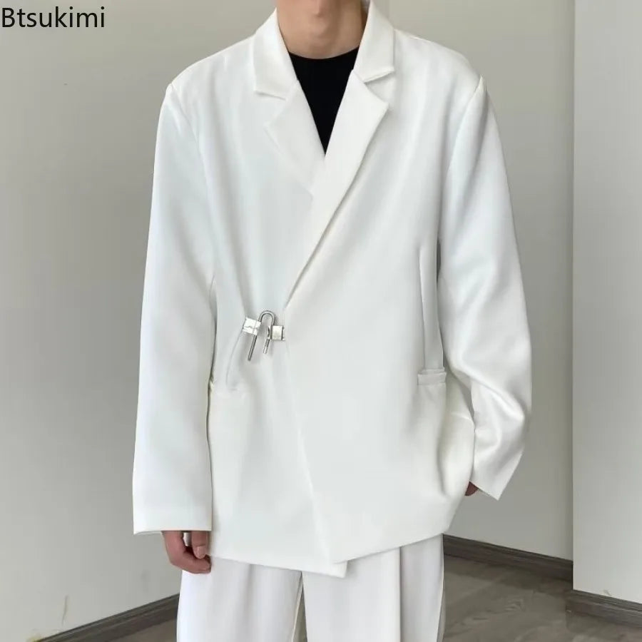 2025 Men's Korean Style Spring Casual Suit Jacekt Metal Buckle Male Loose  Male Solid Color Blazers Harajuku Long Sleeve Coats