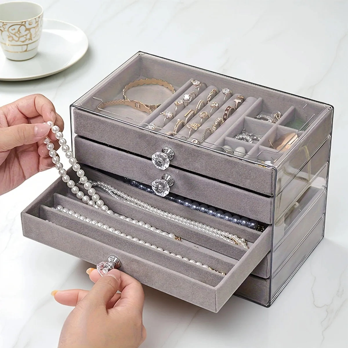 5-layer jewelry box, velvet drawer tray, transparent jewelry storage box, elegant jewelry display box