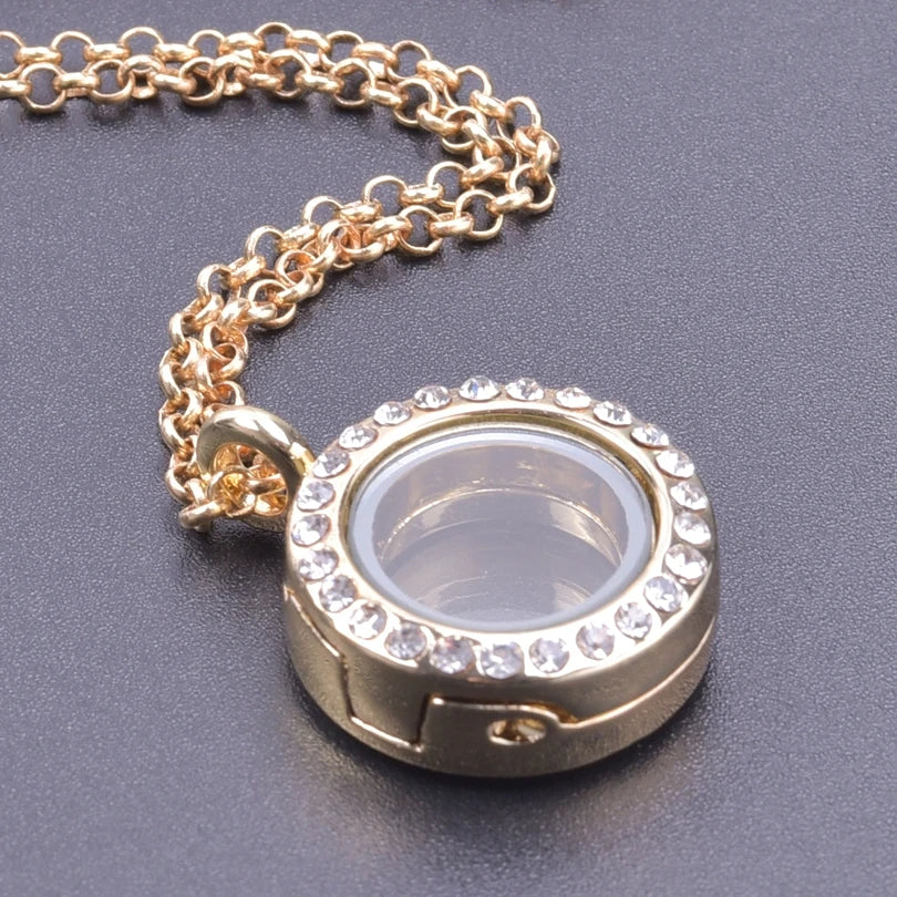 Glass Metal Gold Color Heart Round Water Drop Relicario Photo Locket Necklace Rhinestone Floating Charm O-shaped Chains Necklace