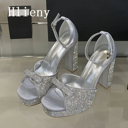 Hlieny Fashion Bowknot Crystal Open Toe Platform Sandals Women Summer Chunky Buckle Strap Square High Heels Party Dress Shoes