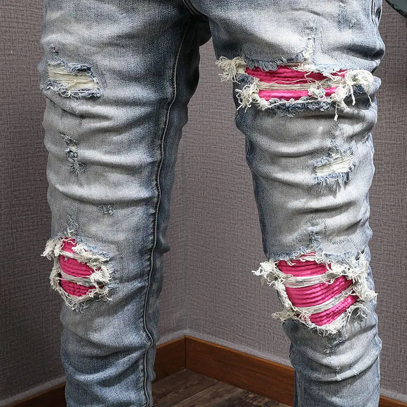 Men's Clothing Autumn and Winter Slim-fit Jeans Ripped Leggings Trendy Brand Cotton Handsome Trousers