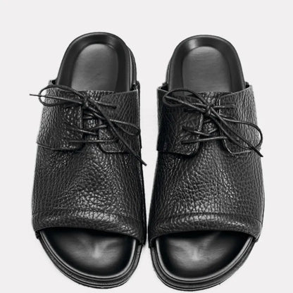 Summer Fashion Mens Lace Up Open Toe Cowhide Genuine Leather Slippers Casual Outside Beach Shoes Rome Flats Soft Platform Slides