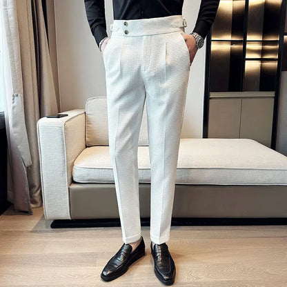 Top Brand Men Fashion Pantalones Hombre High Waist Waffle Business Casual Suit Pants Male Clothing Slim Fit Formal Wear Trousers
